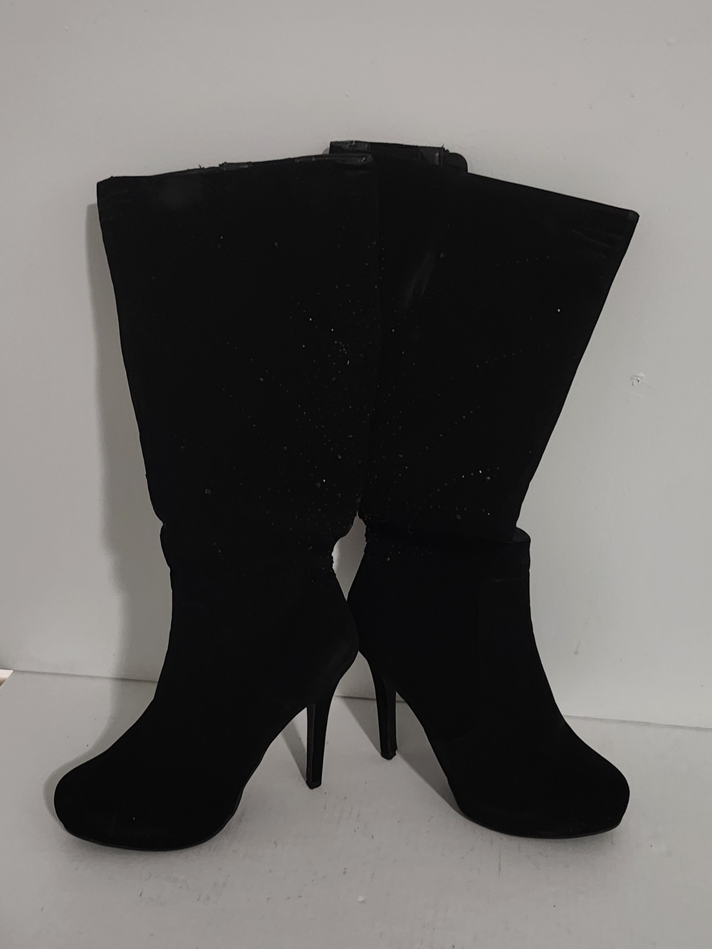 Madeline Rhinestone Black Suede High-Heel Knee High Boots